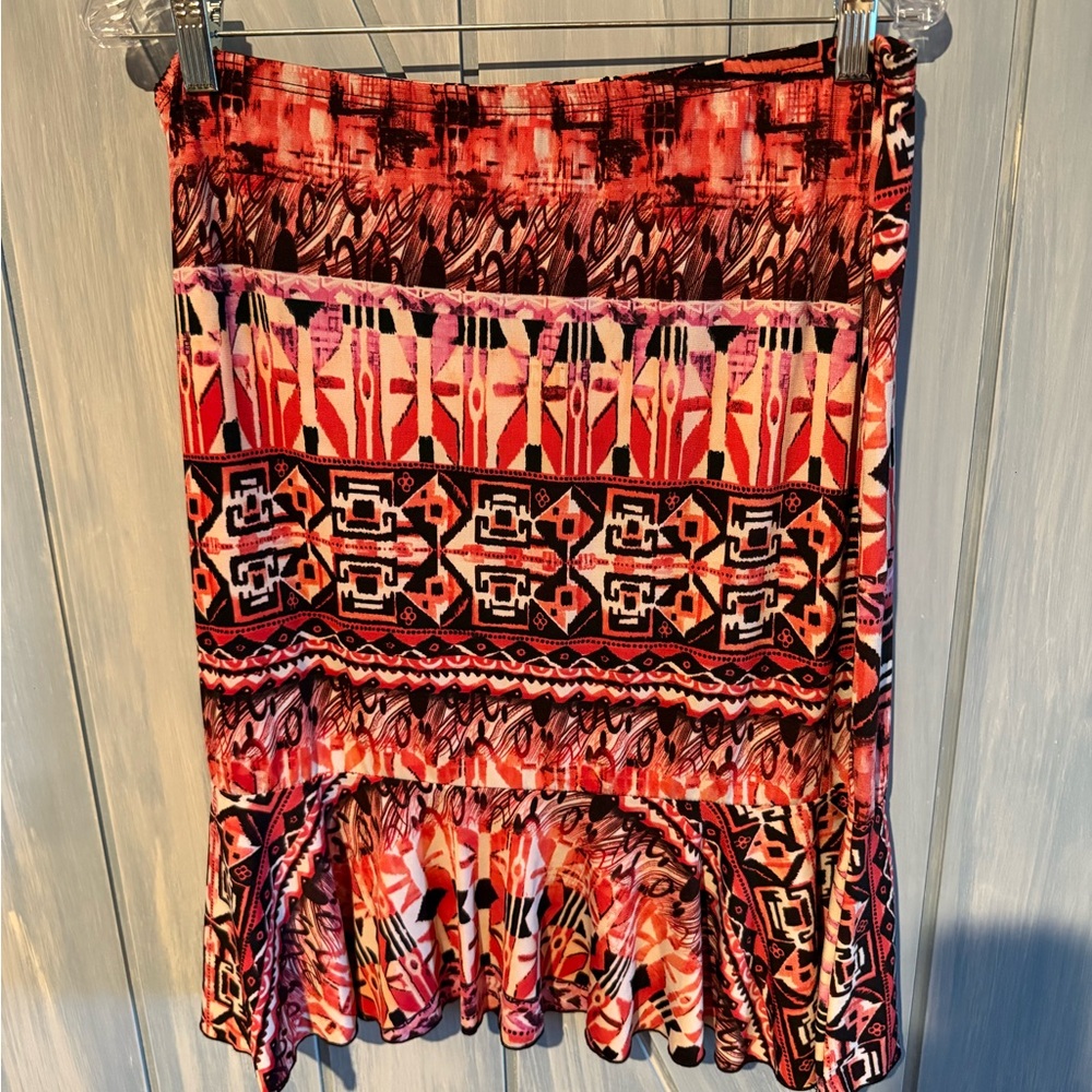 Carol Rose Bohemian Geometric Red & Pink Printed Ruffle-Hem Skirt